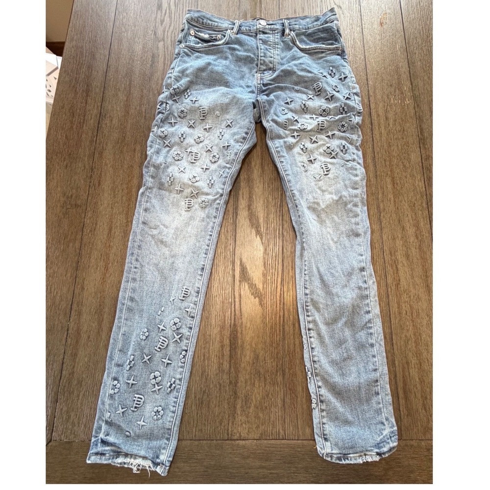 Purple Brand P001 Low Rise Slim Jeans Lt Indigo 3D Embossed Monogram Button Fly